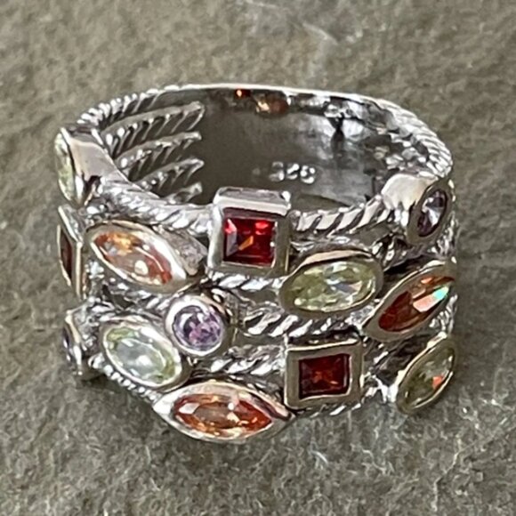 Vintage Sterling Silver Rope Ring Precious Stones Size 8 - Picture 4 of 4